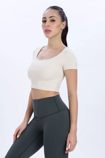 Cream Short Sleeve Crop Top